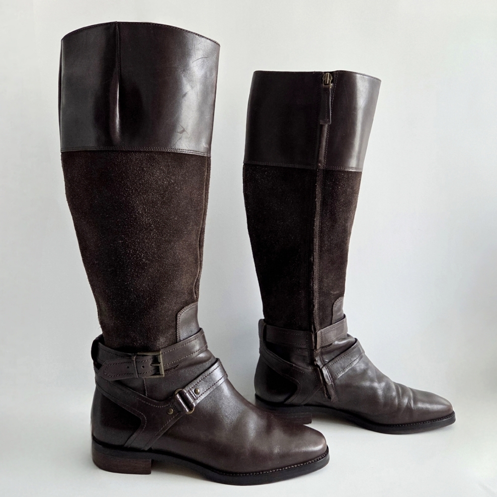 Joan & David Dark Brown Knee-High Riding Boots, Leather & Suede, Size 8